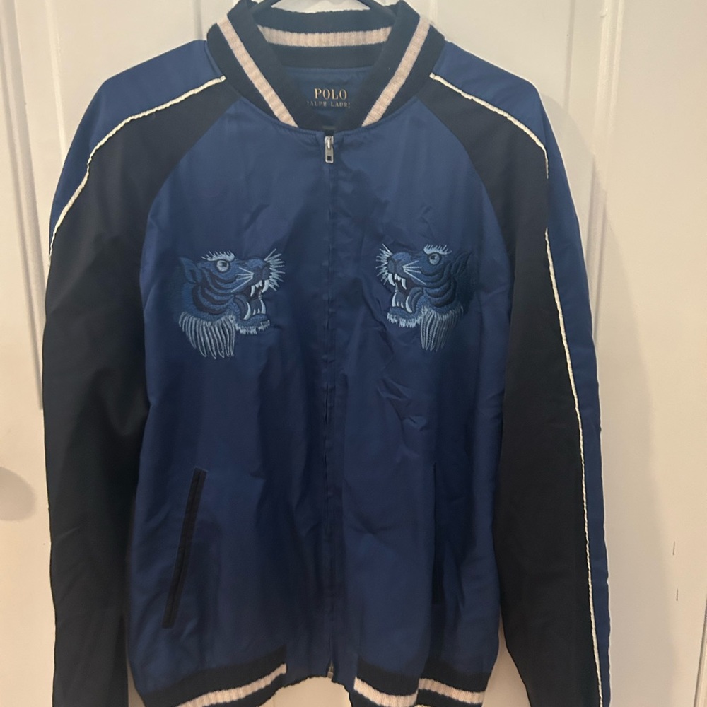 Ralph Lauren Blue and Black Bomber Jacket with Embroidered Details